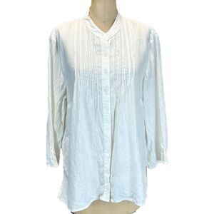 White linen Pintuck women’s button down shirt‎ collarless beachy airy natural L